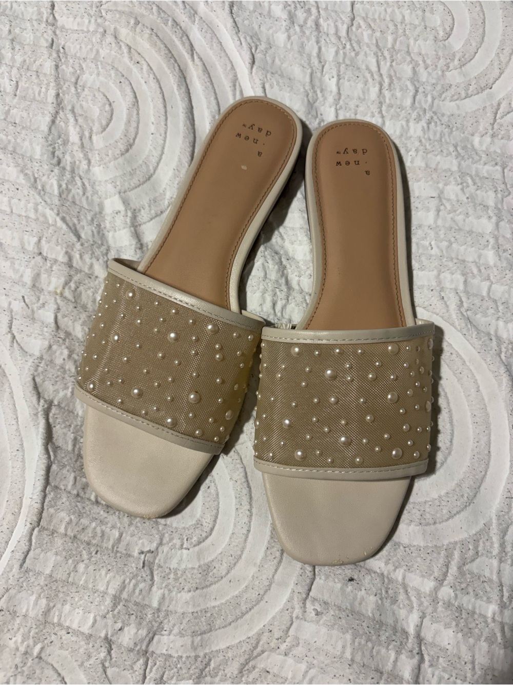 a new day Pearl-Embellished Beige Mesh Slide Sandals